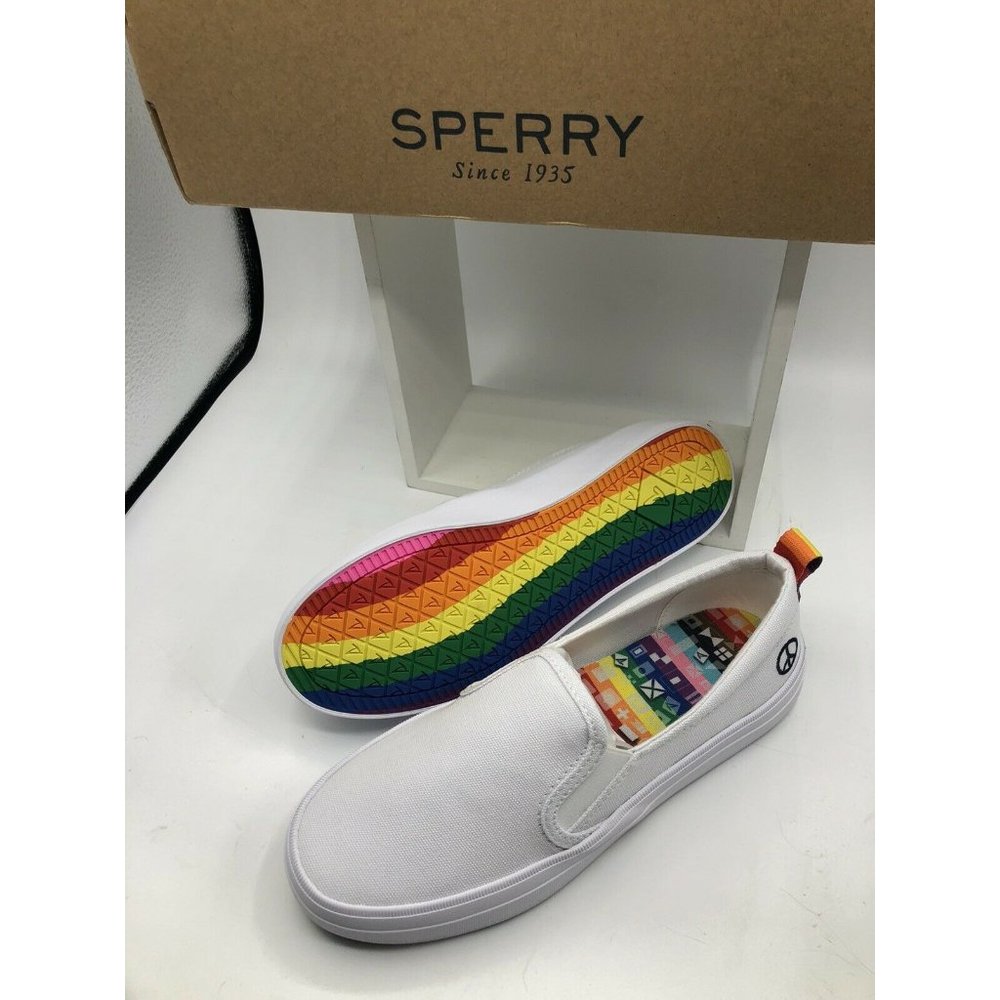 NIB Pride Rainbow Sperry Womens Crest Twin Gore Slip On Sneaker White US Sz 6.5M